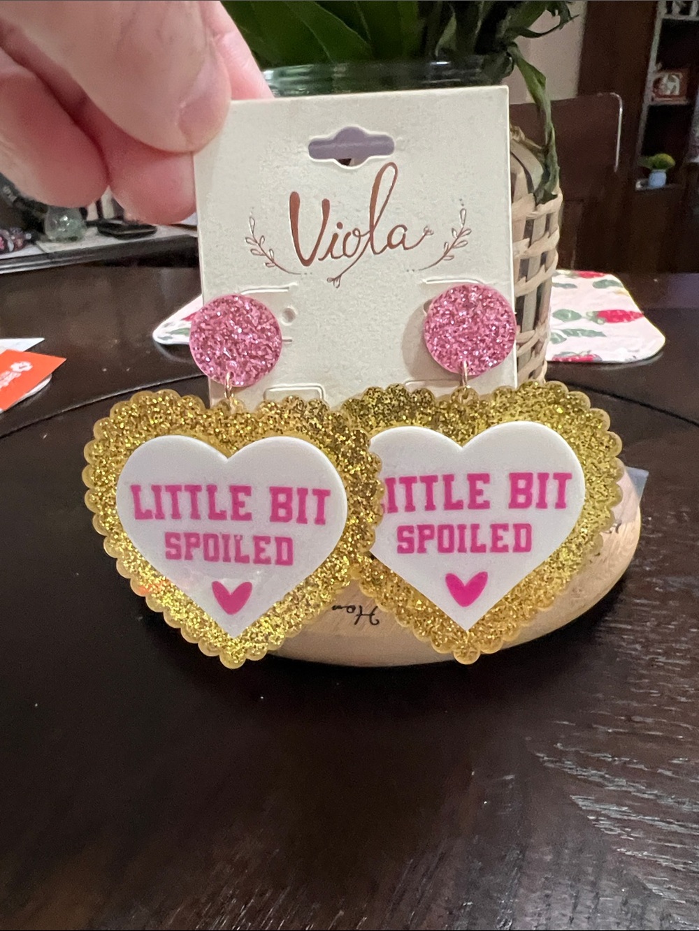 New Viola  "Little Bit Spoiled" Gold & Pink Heart Earrings
